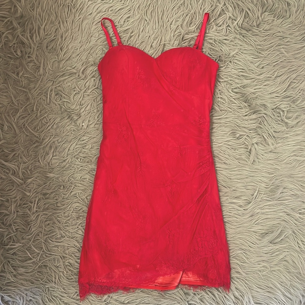 bebe hot pink lace mini dress with removable straps.